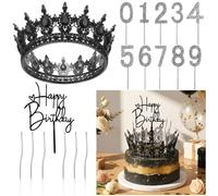 Quelay 13 Pcs Crown Cake Topper Decorations Set Queen Crown Rhinestone Wedding Tiara Acrylic Birthday Cake Topper Numbers Candles 0-9 Happy Birthday Decor for All Ages Wedding Party(Black)