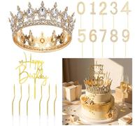 Quelay 13 Pcs Crown Cake Topper Decorations Set Queen Crown Rhinestone Wedding Tiara Acrylic Birthday Cake Topper Numbers Candles 0-9 Happy Birthday Decor for All Ages Wedding Party(Gold)