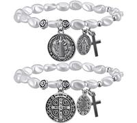 Quelay 2 Pcs Saint Benedict Medal Bracelets with Natural Pearls Adjustable Catholic Rosary Bracelet for Women Saint Benedict Medal Gifts Medalla Recuerdos De Bautizo Para Baroque Women Jewelry Gifts