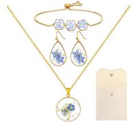 Quelay 4 Pcs Forget Me Not Wildflower Jewelry Set Includes 3 Pcs Forget Me Not Wildflower Flower Necklace Earrings Bracelet and Microfiber Jewelry Pouch Gift Bags