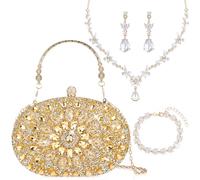 Quelay 4 Pcs Purse Rhinestone Jewelry Set Evening Clutch Bag Bling Crystal Necklace Dangle Earrings Bracelets Accessories, Stylish Style, rhinestone, alloy, No Gemstone