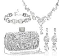 Quelay 4 Pcs Purse Rhinestone Jewelry Set for Wedding Bridal Women Handbag with Necklace Bracelet Dangle Earrings(Classic,Silver)