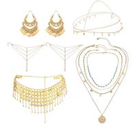 Quelay 5 Pcs Boho Summer Prom Accessories Women Jewelry Gold Sequin Head Chain Necklace Hand Chain Belly Dance Belt Earring
