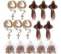 Quelay 5 Set Cross My Heart Encouragement Gift Pocket Wooden Cross Fidget Solid Wooden Catholic Rosary Beads Necklace with Organza Bags for Men Father's Day Religious Baptism Praying