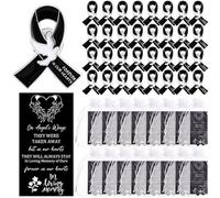 Quelay 50 Sets Funeral Ribbon Pins Funeral Favors Ribbon Pins Prayer Cards and Organza Bags Awareness Lapel Forever in Our Hearts Memorial Brooch for Mourning Remembrance Day