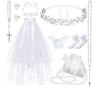 Quelay 9 Pcs First Communion Veil Set for Girls Catholic 1st Communion Veil Accessories Wreath Headpiece Crown Pearl Rosary Pouch Belt Necklace Bracelet White Gloves Sock for Kid Wedding, alloy