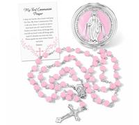 Quelay First Communion Rosary Gift Set for Women Inclued Pink Rose Shaped Bead Catholic Rosary Necklace with Case and Prayer Card, Religious Baptism First Confirmation Catholic Gift for Women Baptism