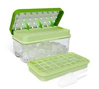 QUELIEN Ice Trays for Freezer with Lid & Bin, Cube Tray Making 64 pcs Cubes, Easy Press to Release, Storage Chilling Cocktail Whiskey Coffee 2 1 Bucket Scoop (Green)