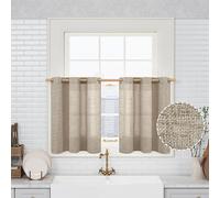 QUEMAS Oatmeal Short Linen Curtains 36 Inch Length for Kitchen, Small Window Curtains Light Filtering Burlap Textured Semi Sheer Non See Through Grommet Cafe Bedroom Curtains Farmhouse, 42 Inch Wide