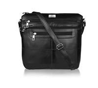 Quenchy London Ladies Cross Body Handbag, Single One Strapped Designer Leather Shoulder Hand Bag with 7 Pockets, Plain Black H25cm xW26cm xD8cm - QL922M