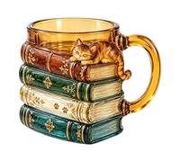 Quentis 3D Vintage Book Glass Mug, Creative Cat Coffee Cup Decor | Durable glass mug with 3D stacked book & cat design, vintage charm for coffee lovers, home office desks A