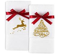 Quera 2 Pack Christmas Hand Towels Christmastree Reindeer 100% Cotton Embroidered Premium Luxury Decor Bathroom Set for Drying, Cleaning, Cooking, Holiday Towels Gift Set 13.7'' X 29.5''