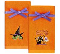 Quera 2 Pack Halloween Hand Towels 100% Cotton Embroidered Premium Luxury Decor Bathroom Decorative Dish Towels Set for Drying, Cleaning, Cooking, Holiday Towels Gift Set (Witch, Orange)