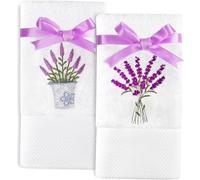 Quera 2 Pack Lavender Hand Towels 100 Percent Cotton Embroidered Premium Luxury Decor Bathroom Decorative Dish Set for Drying, Cleaning, Cooking, 13.7'' x 29.5'', White,Purple (Lavender)
