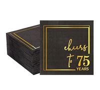 Quera Cheers to 75 Years gold foil Cocktail Napkins Paper Napkins Happy 70th Birthday Decorations and Wedding Anniversary Party Decorations | 50-Pack 2-Ply Napkins | 5 x 5 inch folded (Black)