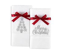 Quera Christmas Tree 2 Packs Embroidered Hand Towels(14'' x 30'') Premium Luxury Ultra Soft 100% Cotton Bathroom Decorative, Set, White Silver Merry Chritmas.