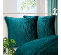 Querencia Set of 2 Velvet Euro Sham Pillow Covers 26x26 - Teal Green European Pillow Shams, Large Square Quilted Throw Pillows Covers for Bed, Geometric Design with Zipper