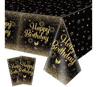 QUERICKY 2 Pack Black Gold Happy Birthday Tablecloths, 220x130cm Rectangle Black Gold Table Cover for Men Women Boys Girls Birthday Party Decorations Supplies