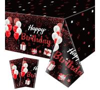 QUERICKY 2 Pack Black Red Happy Birthday Tablecloths, 220x130cm Rectangle Birthday Party Table Covers for Women Girls Birthday Party Decorations Supplies