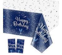 QUERICKY 2 Pack Navy Blue and Silver Happy Birthday Tablecloths, 130 x 220cm Plastic Rectangle Table Cover for Men Women Boys Girls Birthday Party Decorations Supplies