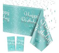 QUERICKY 2 Pack Teal Blue and Silver Happy Birthday Tablecloths, 130x220cm Rectangle Table Cover for Women Girls Birthday Party Decorations Supplies