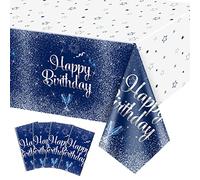 QUERICKY 4 Pack Navy Blue and Silver Happy Birthday Tablecloths, 130 x 220cm Plastic Rectangle Table Cover for Men Women Boys Girls Birthday Party Decorations Supplies