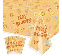 QUERICKY 4 Pack Stay Groovy Tablecloths, Retro Hippie Boho Party Table Cover, 220x130cm Boho Tablecloths Rainbow Daisy Flower Party Decorations for Boho Retro Theme 60s 70s Party Decor Supplies