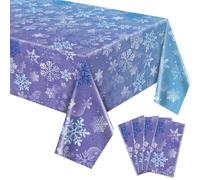 QUERICKY 4 Pack Winter Snowflake Tablecloths, 220x130cm Blue and Purple Snowflake Table Cover Winter Wonderland Birthday Backdrop Decorations for Girls Princess Party Christmas Winter Holiday Party