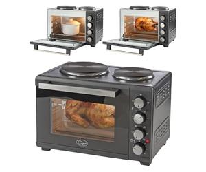 Quest 35379 26L Twin Hob Countertop Rotisserie and Convection Mini Oven/Adjustable Temperature/Accessories Included / 60 Mins Timer & Auto Shut Off with Bell