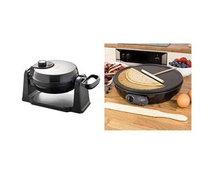 Quest 35969 Rotating Belgian Maker/Non Stick Plates/Cooks up to 4 Waffles / 1000W, Silver & 35540 Electric Pancake & Crepe Maker / 12" Non-Stick Hot Plate with Raised Edges for Reduced Wastage