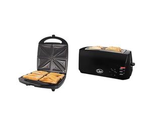 Quest 35990 4 Portion Non-Stick Toastie Maker/Easy to Clean/Student Essentials & 4 Slice Toaster Black - Extra Wide Long Slots for Crumpets and Bagels - 6 Settings