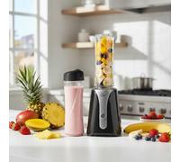 Quest Personal Blender & Smoothie Maker | 350 Watt | Includes 2x 600ml Portable Bottles | One Touch Button | Slimline, Portable and Compact | Stainless Steel Blades (Black & Grey)