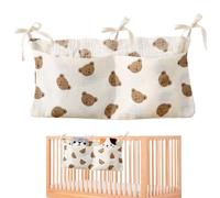 Quesuc 1 Piece Cot Organizer Storage Bag Hanging with Bear Design for Adjustable Cotton Cot for Diapers, Clothes, Toys in the Cot