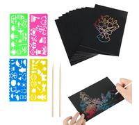 Quesuc 20 Sheets Rainbow Scratch Pictures Children's Scratch Picture Set with 2 Bamboo Pens and 4 Colouring Templates Paper Creative DIY Painting for Children in Nursery Black 13 x 18 cm