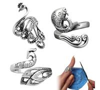 Quesuc Set of 3 Knitting Rings 2-in-1 Vintage Ring Set Crochet Finger Protective Case Phoenix Peacock Carp Pattern Knitting Regulator Made of Alloy for Crochet and Knitting Antique Silver Adjustable