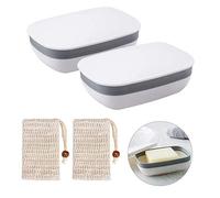 Queta 2 x Plastic Soap Dish Soap Box for Bathroom Travel Hiking Camping with 2 Sisal Soap Bags (White)