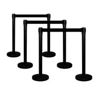 Queue Barrier with 3Meter Retractable Belt | Black Crowd Control Post with Weighted Base | 4-Way Connectable Stanchion with Powder-Coated Iron Finish for Queue Management & Events - Set of 6