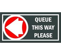Queue this way please, arrow pointing left, gray and red sign - 1mm flexible Plastic sign (200mm x 100mm)