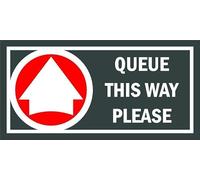 Queue this way please, arrow pointing up, gray and red sign - 1mm flexible Plastic sign (400mm x 200mm)