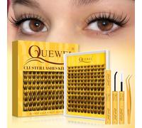 QUEWEL Cluster-Lashes-Kit Natural Look, D Curve Wispy Eyelash Extension Kit, Clear Band Eyelash Clusters with Lash Bond and Seal and Lash Tweezer and Remover, Easy to use at Home (0.03-B）