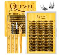 QUEWEL Cluster-Lashes-Kit Natural Look, D Curve Wispy Eyelash Extension Kit, Clear Band Eyelash Clusters with Lash Bond and Seal and Lash Tweezer and Remover, Easy to use at Home (0.03-A-1）
