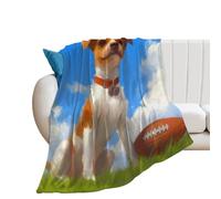 QUEWIQR Throw Flannel Blanket Jack Russell Terrier Dog With Football Fleece Blanket Plush Blankets Soft Blanket For Couch Bed Sofa 100x130cm