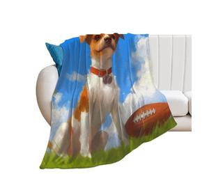 QUEWIQR Throw Flannel Blanket Jack Russell Terrier Dog With Football Fleece Blanket Plush Blankets Soft Blanket For Couch Bed Sofa 100x130cm