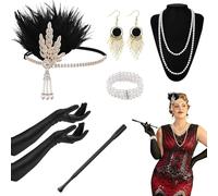 Quferuy 1920s Accessories for Women, 6 Pieces Roaring 20's Flapper Great Gatsby Accessories Set with Headband Long Gloves Pearl Necklace Bracelet Earrings Handheld Holder for Ladies Girls Party Prom