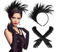 Quferuy 1920s Flapper Headband and Gloves Set, Black Feather Headpiece with Long Satin Gloves for Women, Great Gatsby Accessories for Fancy Dress, Roaring 20s Costume, Vintage Party Outfit