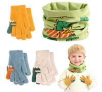 Quferuy 4Pcs Winter Scarf Gloves Set, Thermal Knitted Touch Screen Full Finger Gloves Snood Neck Warmer with Cartoon Pattern, Stretchy Soft Scarf Glove for Christmas Skiing Outdoor Sports Supplies