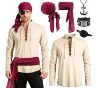 Quferuy 6Pcs Pirate Costume Accessories Set for Men, Pirate Role Play Outfit with Medieval Shirt Bandana Belt Eye Patch Bracelet Anchor Pendant Nacklace for Halloween Cosplay Party Dress Up Day