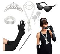 Quferuy 7 Pieces 1920s Flapper Great Gatsby Accessories, Roaring 20s Costume Kits with Crown Long Gloves Necklace Earrings Bracelet Handheld Props Cat Eye glasses for Women Girls Party Masquerade