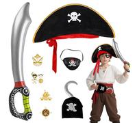 Quferuy 8Pcs Kids Pirate Costume Accessories Set, Pirate Fancy Dress Kit with Captain Hat, Eye Patch, Hook, Inflatable Sword, Gold Tattoo Stickers for Kids Adult Halloween Cosplay Party Carnival