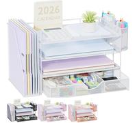 Quhombo Desk Organiser with File Holder,4-Tier Desk Organisers and Accessories with 2 Pen Holders and Drawer,Paper Letter Tray Storage with Magazine Holder for Home Office Supplies(white)